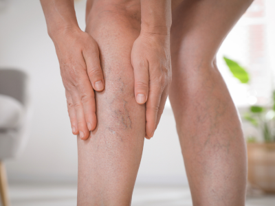 Mujer con varices sostiene una de sus piernas